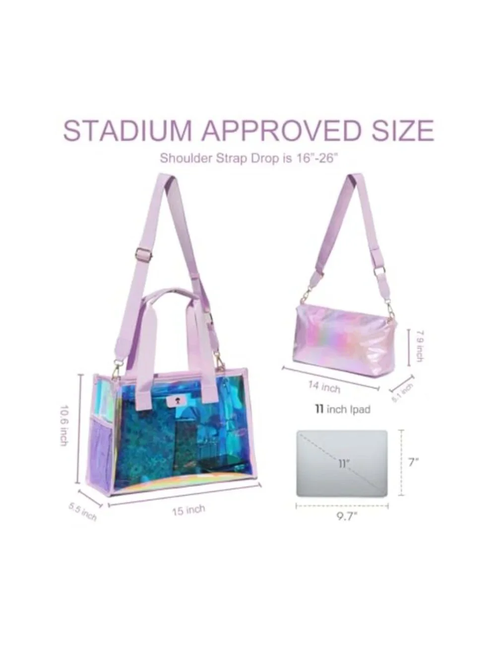 Clear Iridescent Tote Bag Stadium Approved with Pouch
